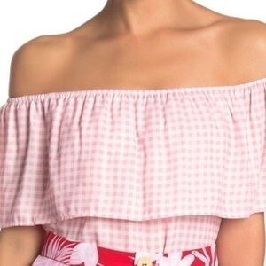 Show me your Mumu pink gingham Brit Brit off shoulder top